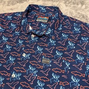 BURLEBO Mens XL Navy Blue Short Sleeve Button Up Shirt Neon Deer Fish Print